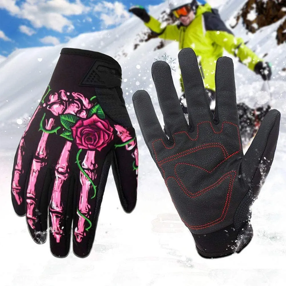 1 Pair Men Gloves, Skull Skeleton Windproof Winter Warm Bike Cycling Full Finger Gloves for Outdoor Sports Red XL
