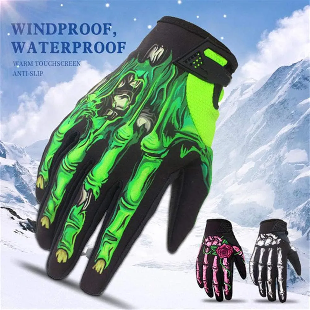 1 Pair Men Gloves, Skull Skeleton Windproof Winter Warm Bike Cycling Full Finger Gloves for Outdoor Sports Red XL