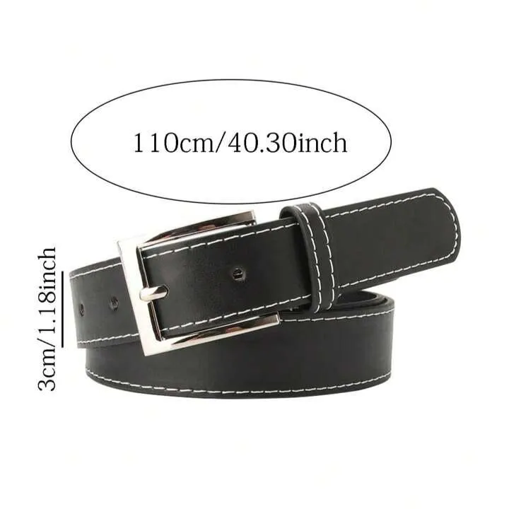 120cm Women's Genuine Leather Retro Belt with Silver Metal Double Buckle