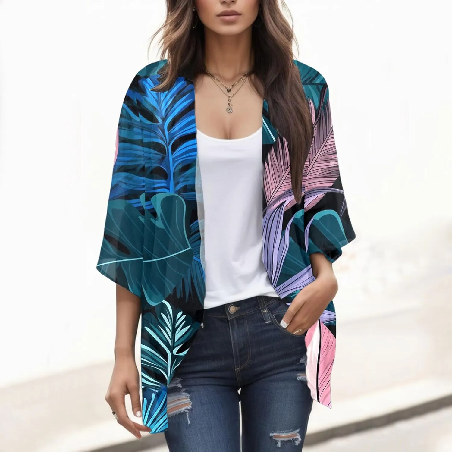 2023 Women's Casual Cardigan Puff Sleeve Floral Lightweight Coats Fall Open Front Cardigans Soft Draped Cardigan Jackets