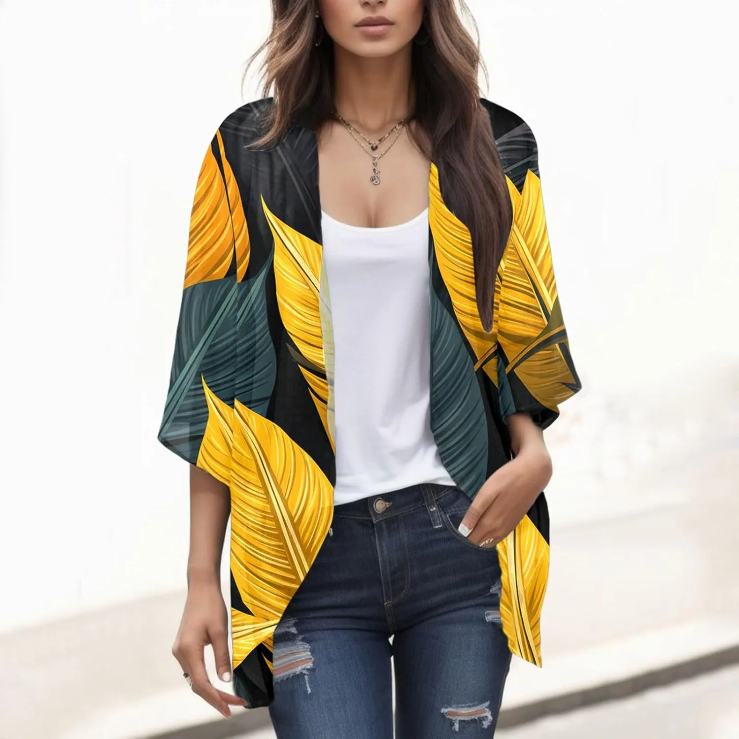 2023 Women's Casual Cardigan Puff Sleeve Floral Lightweight Coats Fall Open Front Cardigans Soft Draped Cardigan Jackets