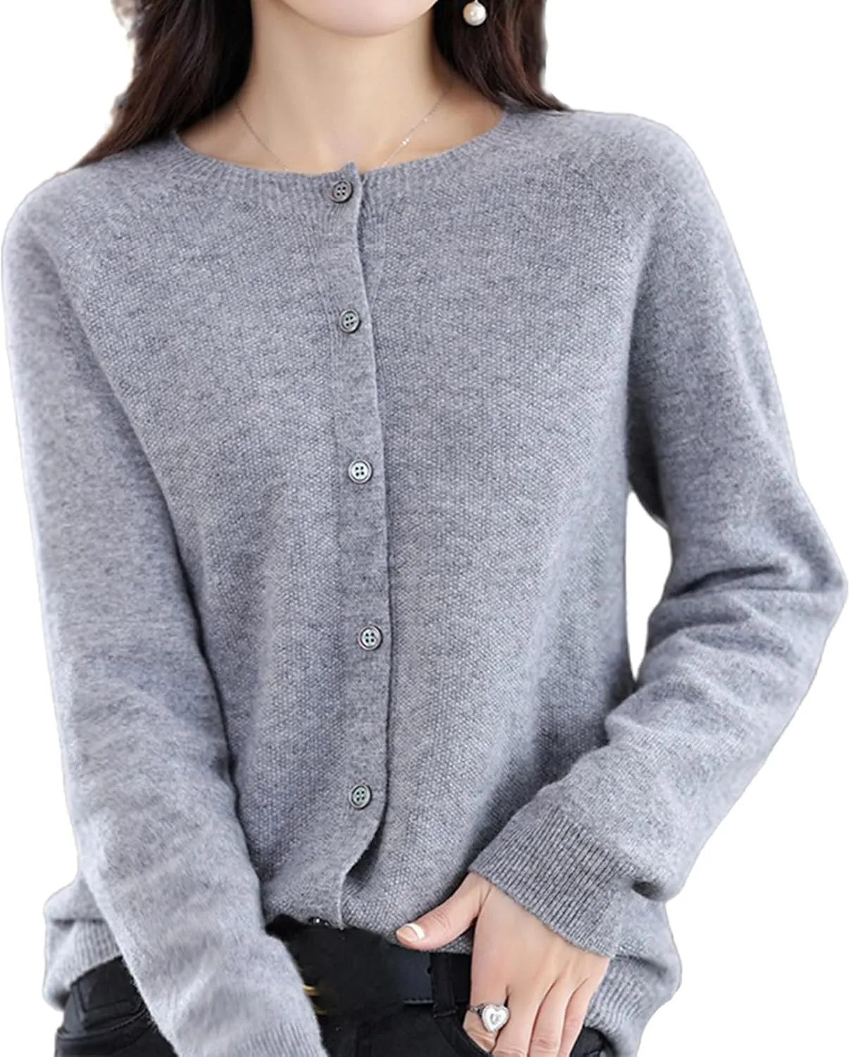2024 Cashmere Button Front Long Sleeve Cardigan Soft Warm Knit Elastic Jumpers,Cashmere Cardigan Sweaters for Women (Grey,M)