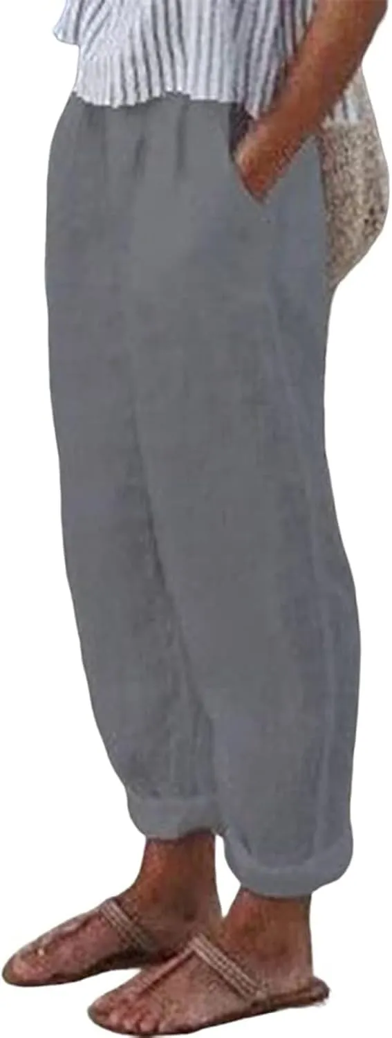 ADHOWBEW Women Linen Pants Vacation Relaxed Fit Spring 2025 Travel Flowy Casual Trendy Dressy Trousers