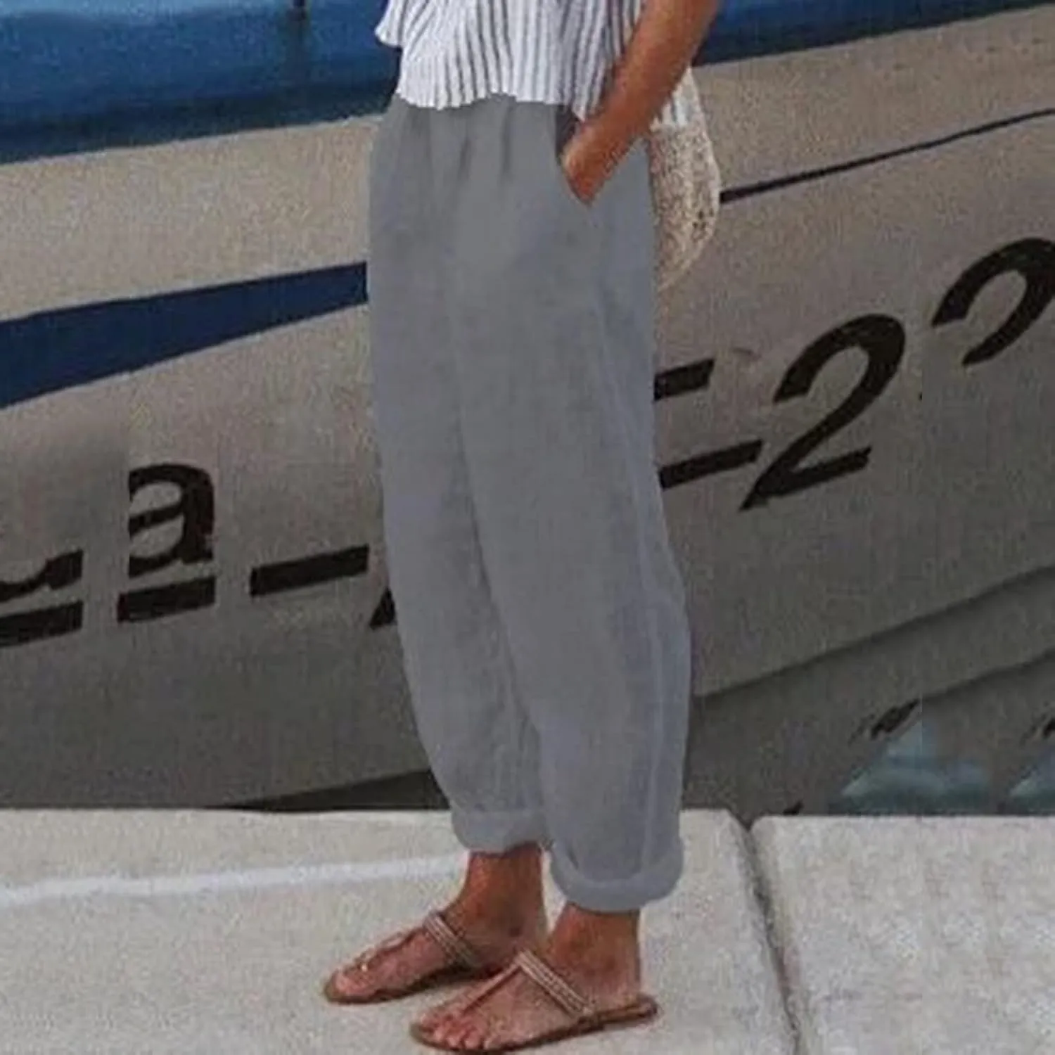 ADHOWBEW Women Linen Pants Vacation Relaxed Fit Spring 2025 Travel Flowy Casual Trendy Dressy Trousers