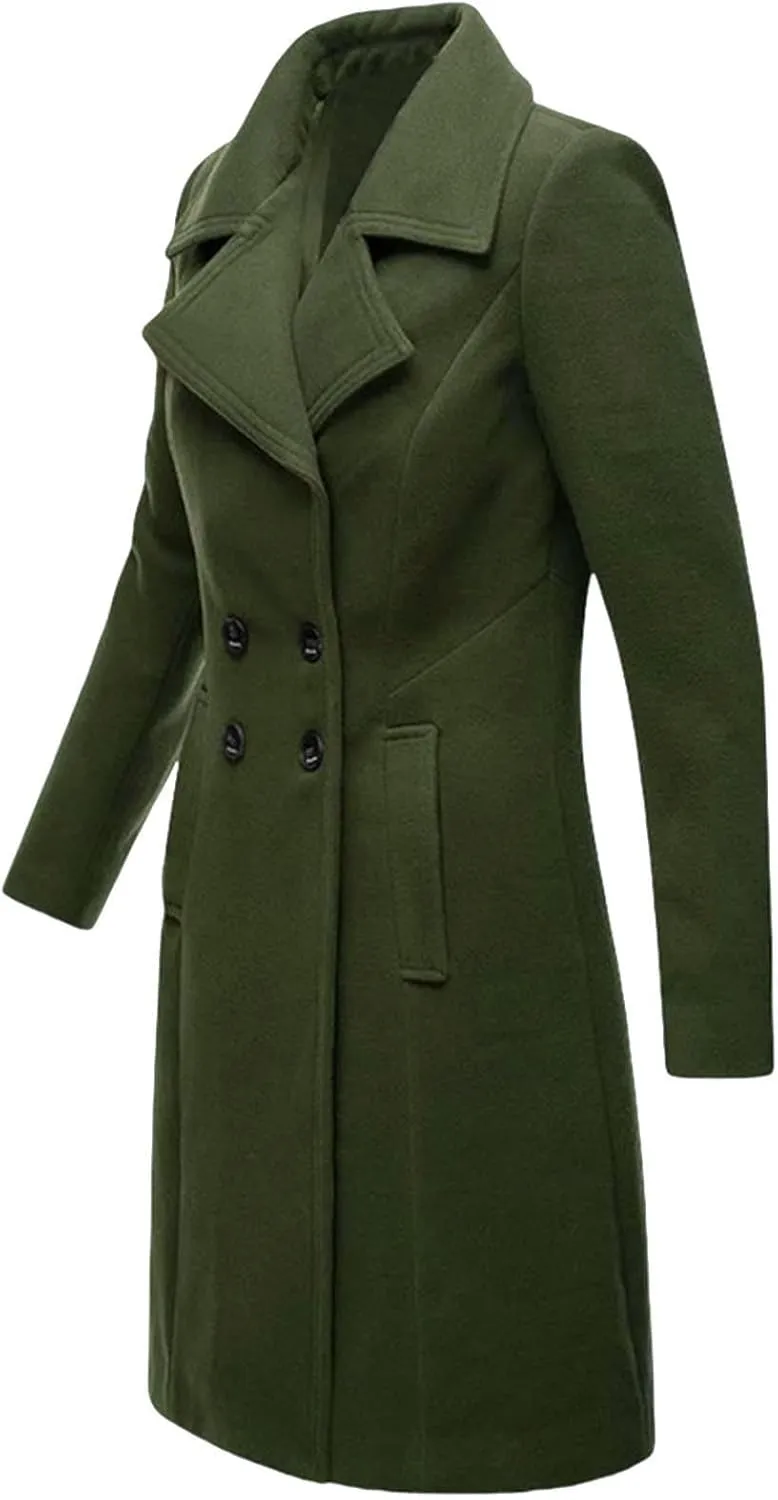 Akklian Women's Dress Coat Turndown Collar Belted Peacoat Trench Coats Trendy Wool Blend Jacket Overcoat Fall Winter 2024