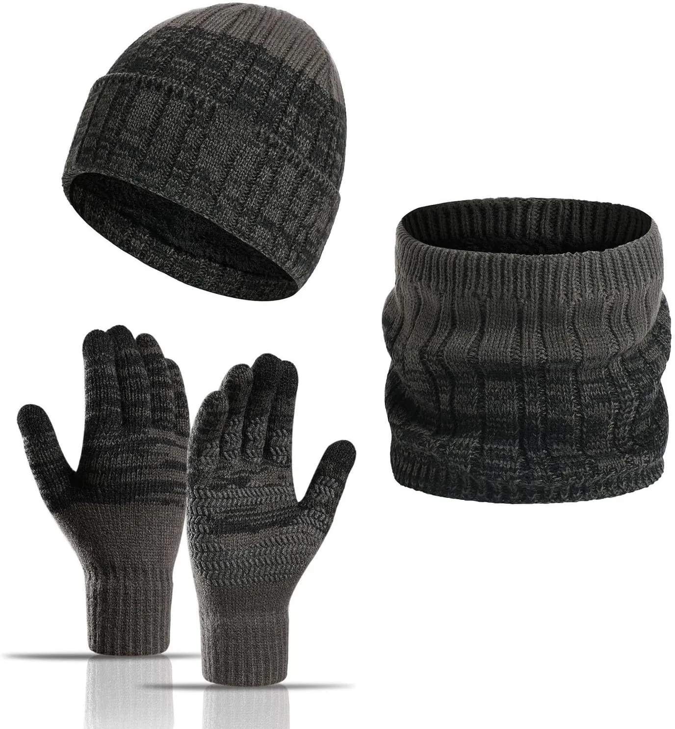 Beanie Hat Scarf Gloves Set Gifts for Men Women, Thick Wool Beanies Neck Scarves Warmer Touch Screen Knit Gloves Cap