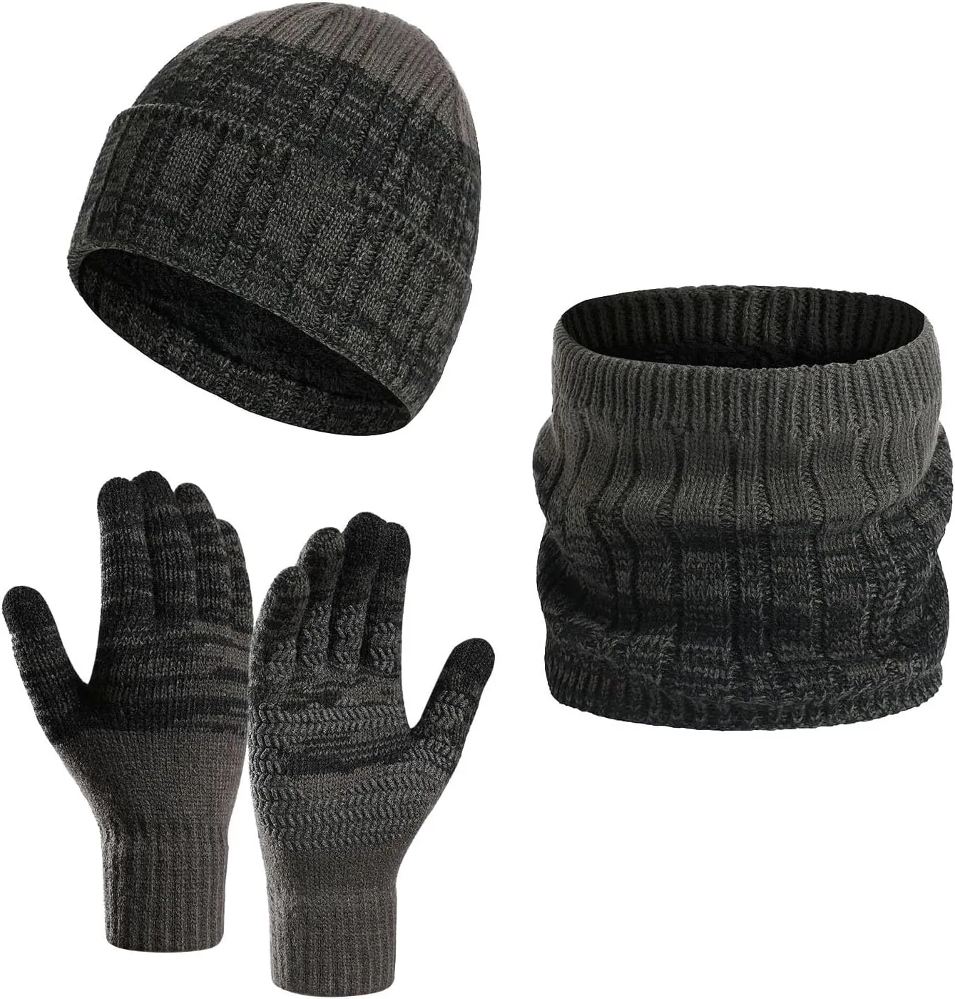 Beanie Hat Scarf Gloves Set Gifts for Men Women, Thick Wool Beanies Neck Scarves Warmer Touch Screen Knit Gloves Cap
