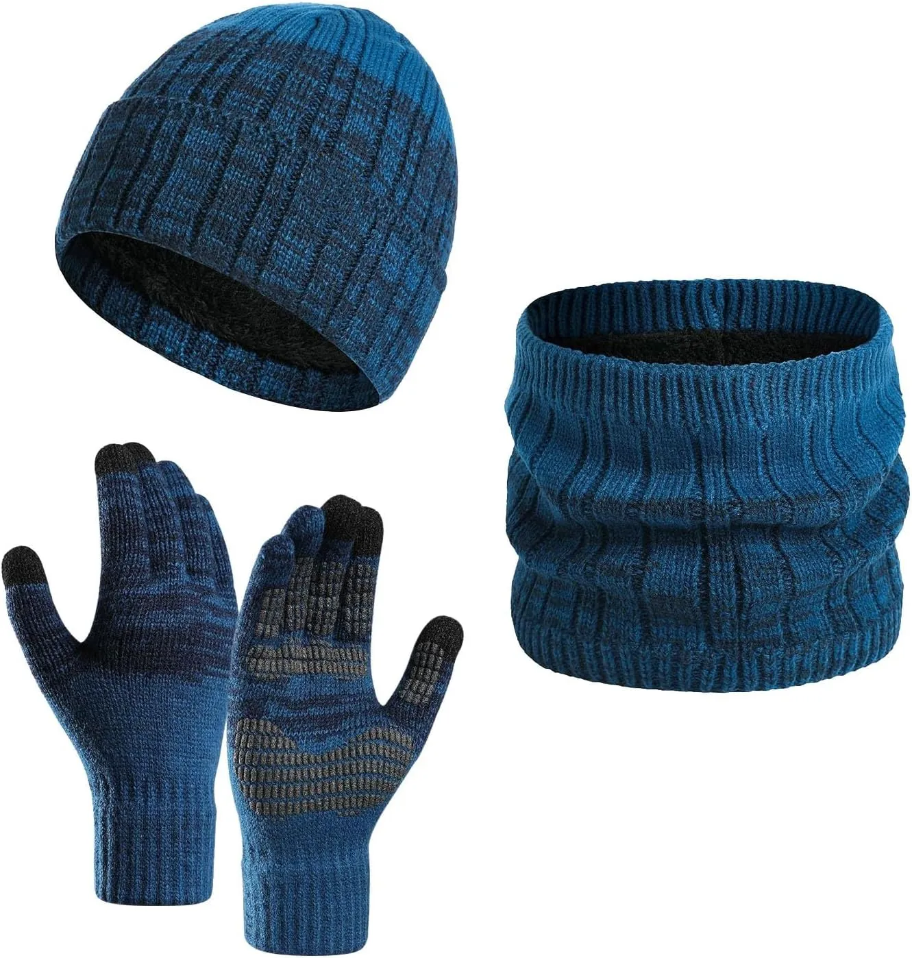 Beanie Hat Scarf Gloves Set Gifts for Men Women, Thick Wool Beanies Neck Scarves Warmer Touch Screen Knit Gloves Cap