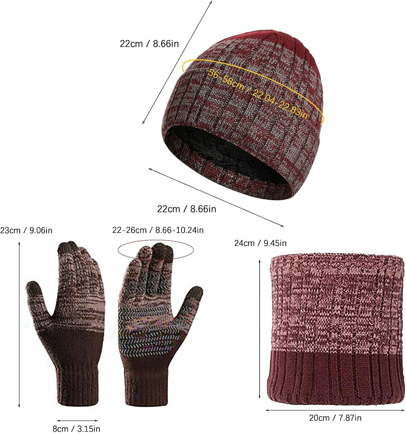Beanie Hat Scarf Gloves Set Gifts for Men Women, Thick Wool Beanies Neck Scarves Warmer Touch Screen Knit Gloves Cap