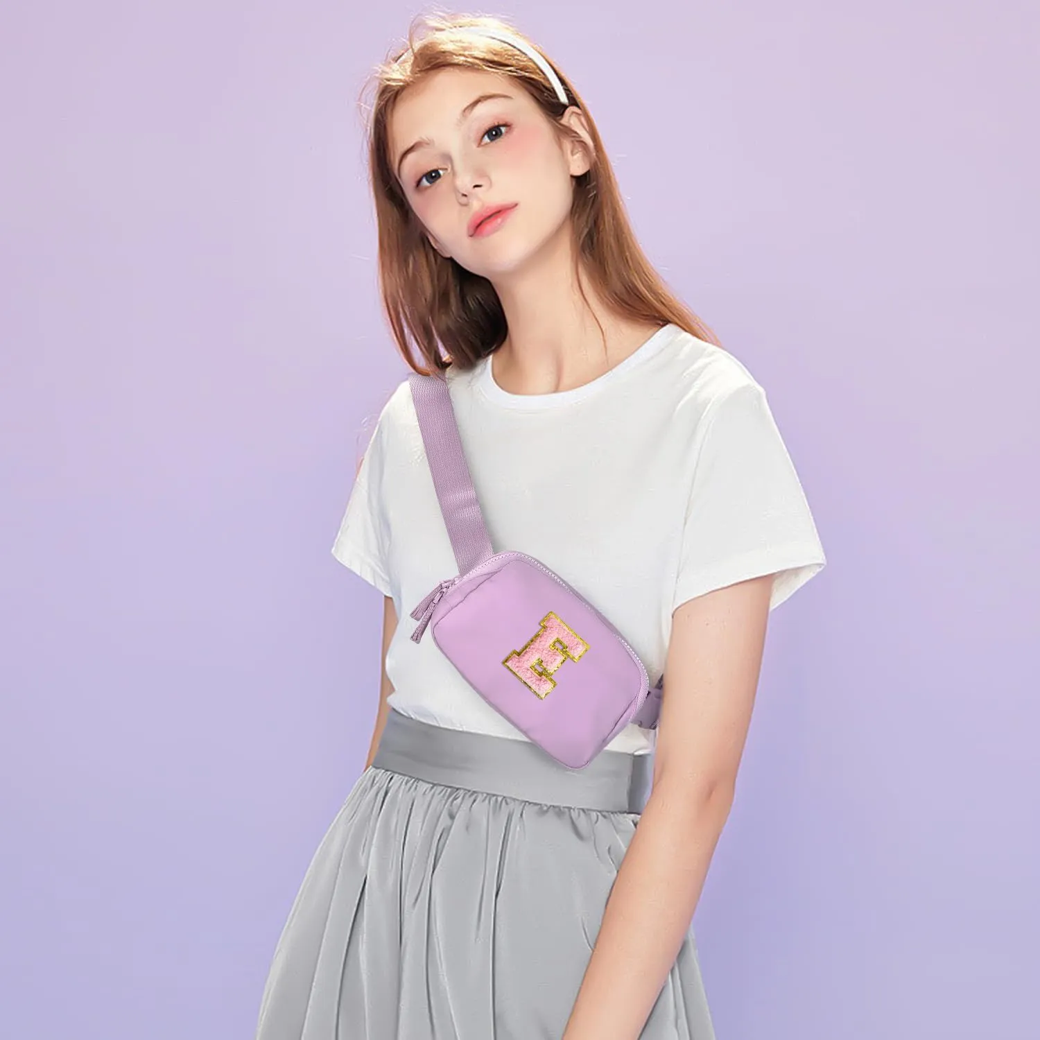Belt Bag Two-Way Zipper Fanny Pack Crossbody Bags with Initial Letter Patch Cute Stuff for Teenager Girls Trendy Preppy Stuff for Teen Girls Birthday Gifts Cool Stuff for Teens (Lavender-E)