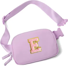 Belt Bag Two-Way Zipper Fanny Pack Crossbody Bags with Initial Letter Patch Cute Stuff for Teenager Girls Trendy Preppy Stuff for Teen Girls Birthday Gifts Cool Stuff for Teens (Lavender-E)