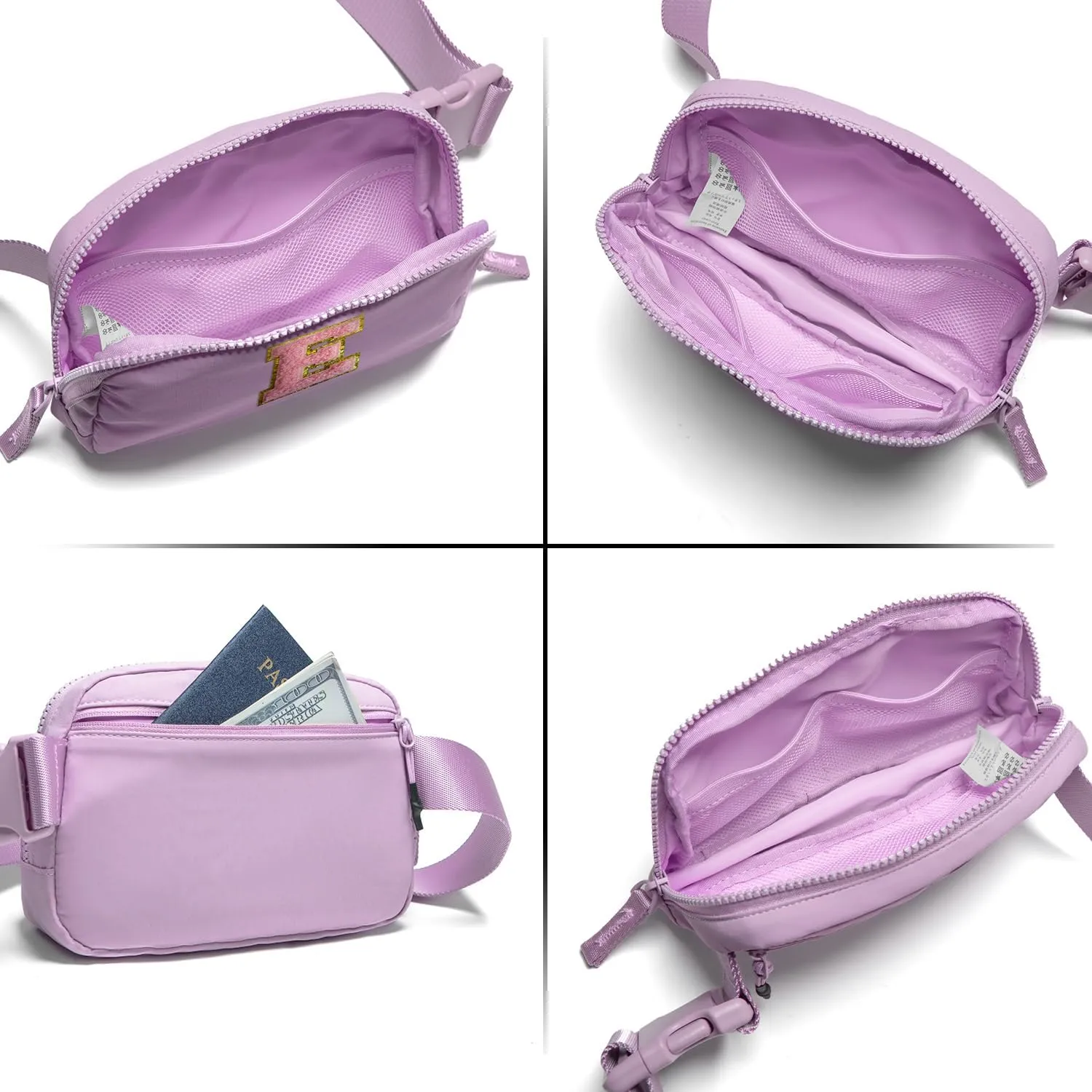 Belt Bag Two-Way Zipper Fanny Pack Crossbody Bags with Initial Letter Patch Cute Stuff for Teenager Girls Trendy Preppy Stuff for Teen Girls Birthday Gifts Cool Stuff for Teens (Lavender-E)