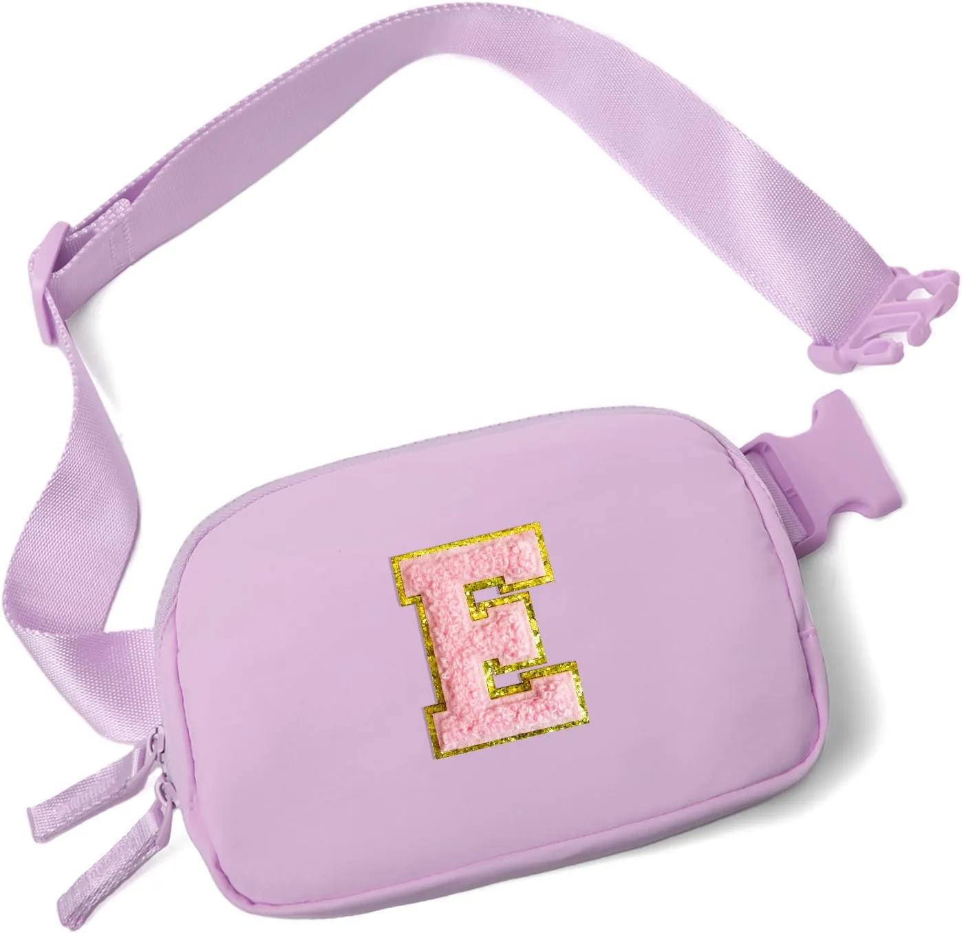 Belt Bag Two-Way Zipper Fanny Pack Crossbody Bags with Initial Letter Patch Cute Stuff for Teenager Girls Trendy Preppy Stuff for Teen Girls Birthday Gifts Cool Stuff for Teens (Lavender-E)