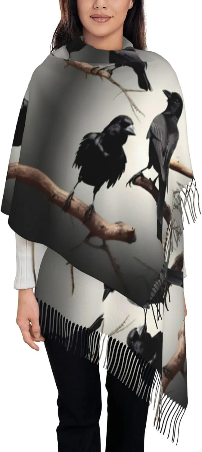 Black Crow Birds On A Branch Print Tassel Scarf For Women Men,Soft Scarf Shawl For Winter Fashion, Lightweight Scarf Shawl