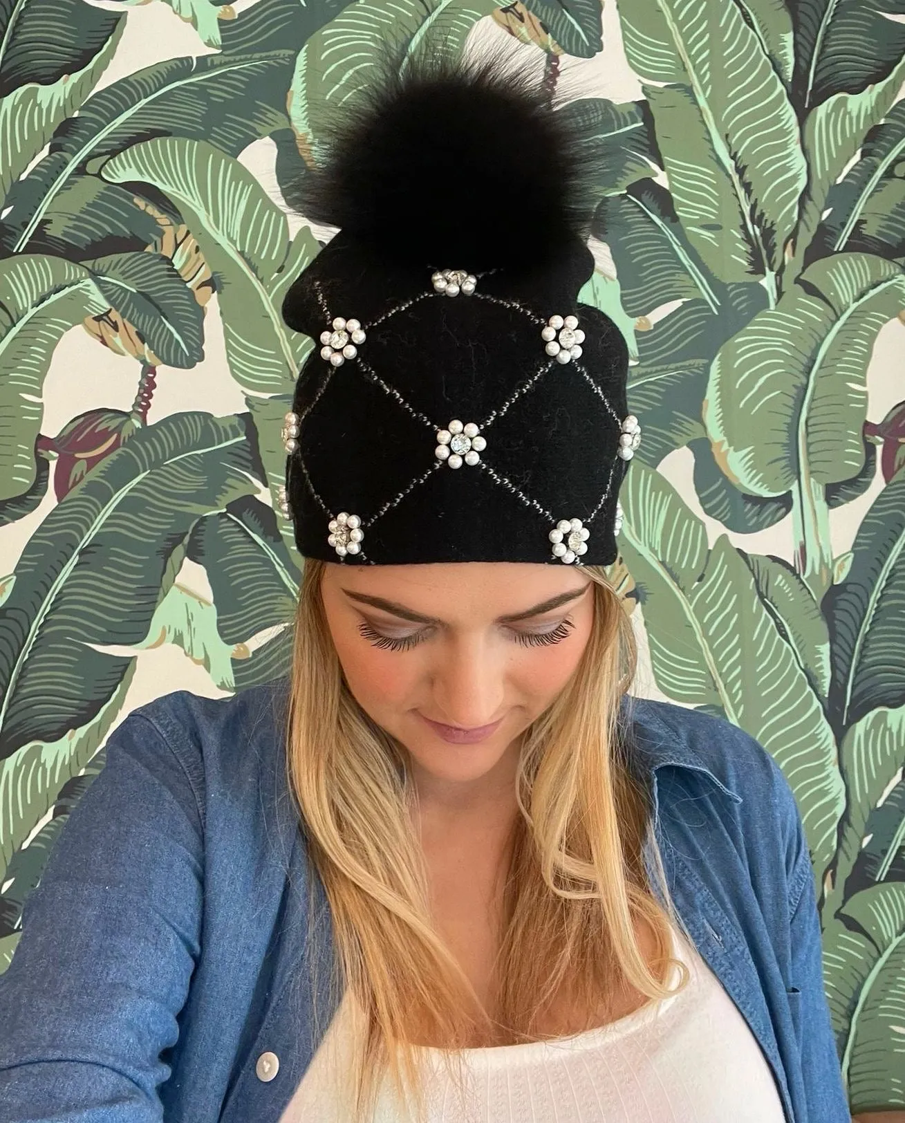 Black Pearl & Crystal Flower Toque