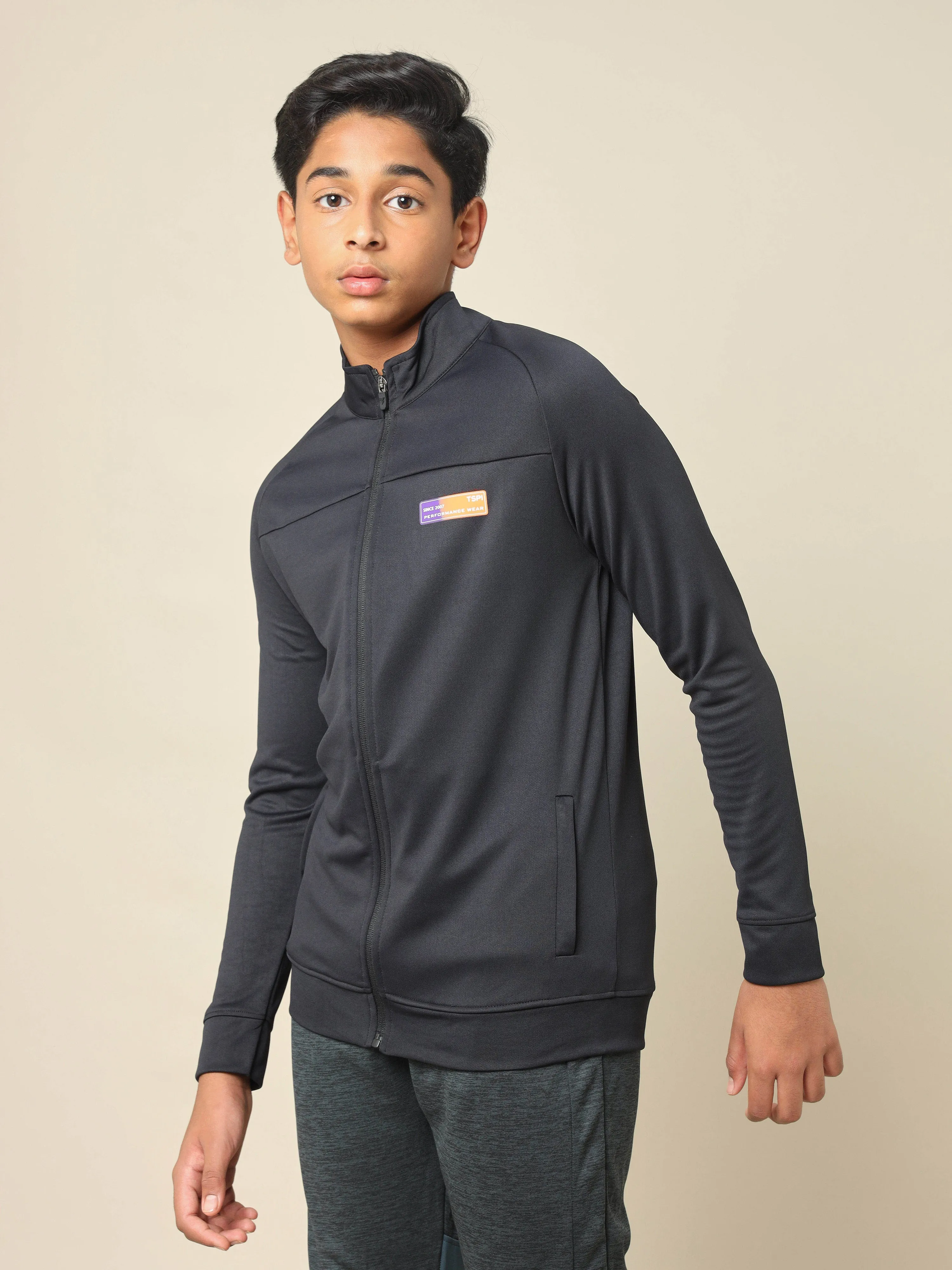 Boys Slim Fit Mock Neck Sports Jacket with TECHNO DRY