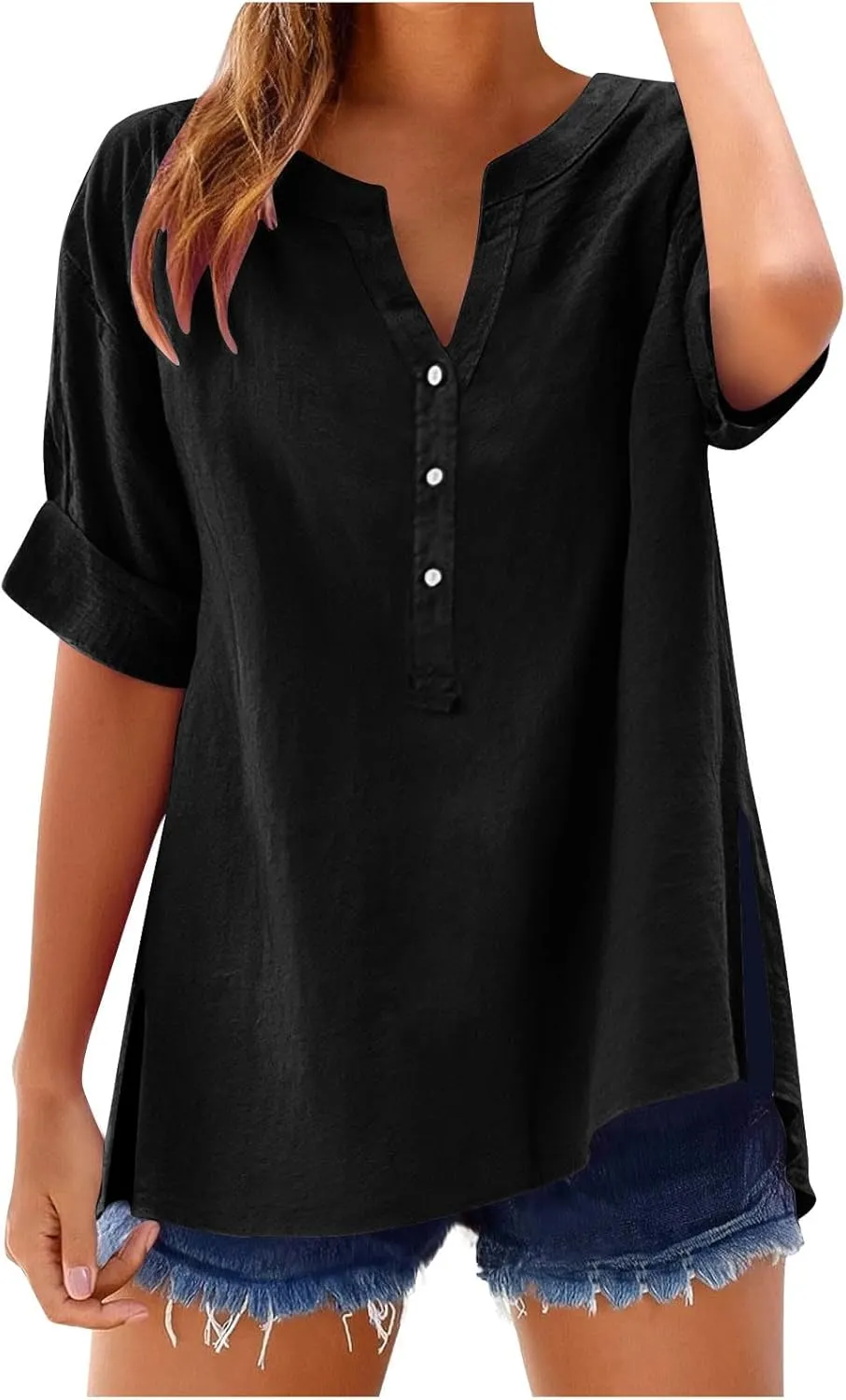 Cbcbtwo Womens Short Sleeve Linen Henley Tops 2025 V Neck Dressy Casual Loose Fit Shirts Summer Going Out Flowy Blouses
