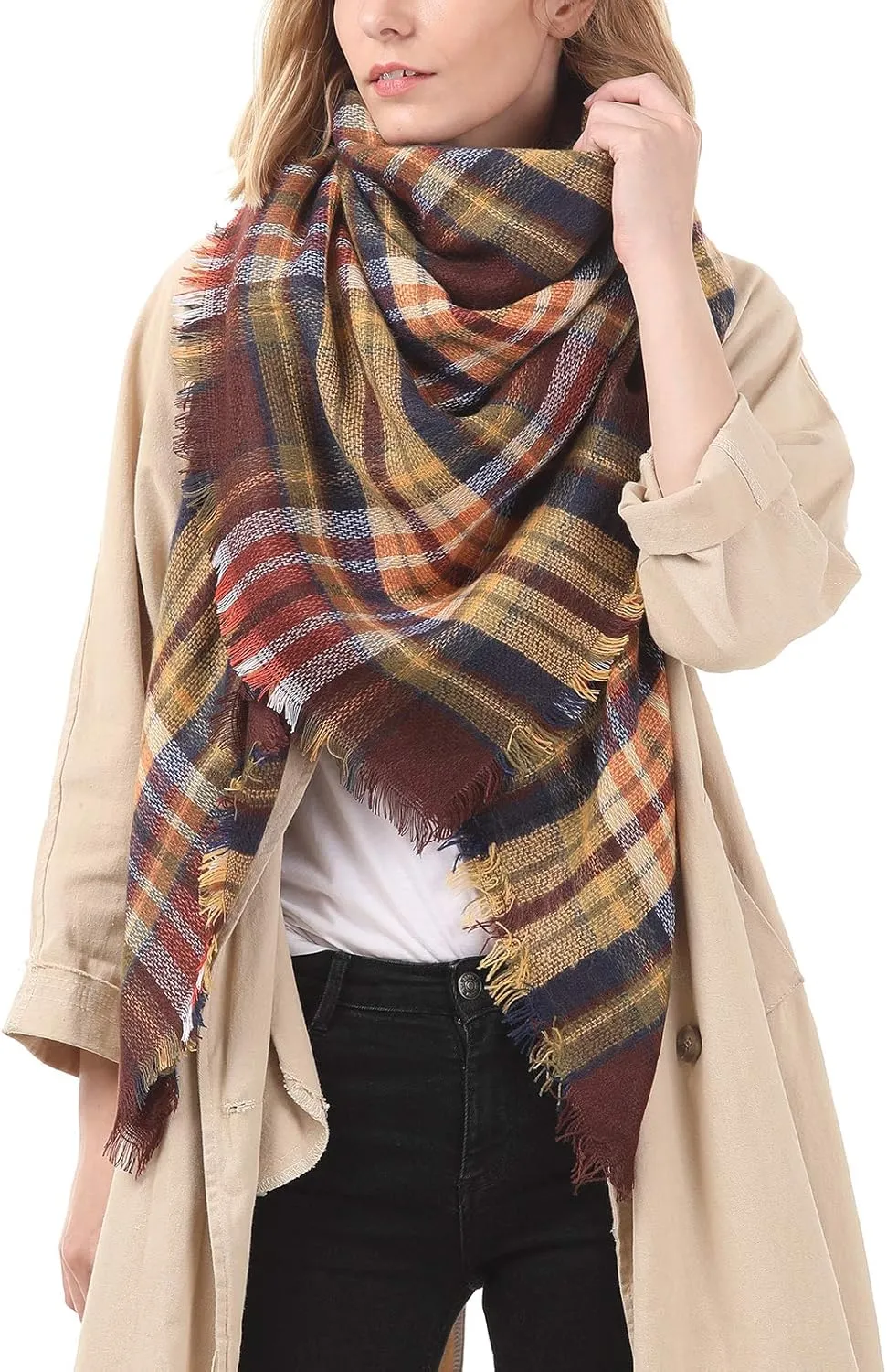 Century Star Womens Winter Oversized Large Triangle Shawl Wrap - Warm Fall Plaid Knit Scarf