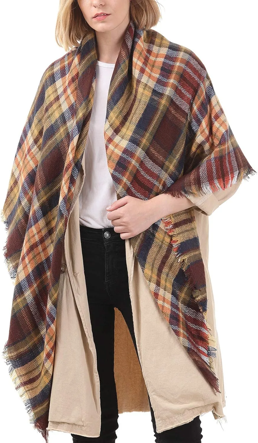 Century Star Womens Winter Oversized Large Triangle Shawl Wrap - Warm Fall Plaid Knit Scarf