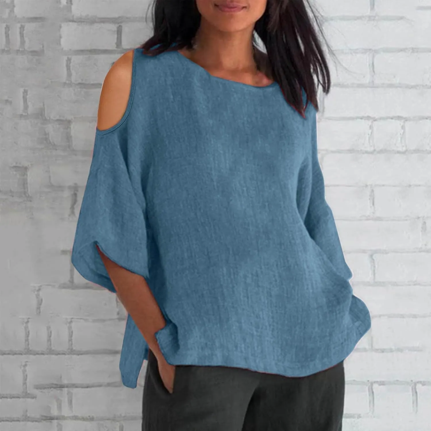 Cotton Linen Top for Women Plus Size Cold Shoulder 3/4 Sleeve Casual Summer Blouse T Shirt Fashion Loose Tunic Shirt