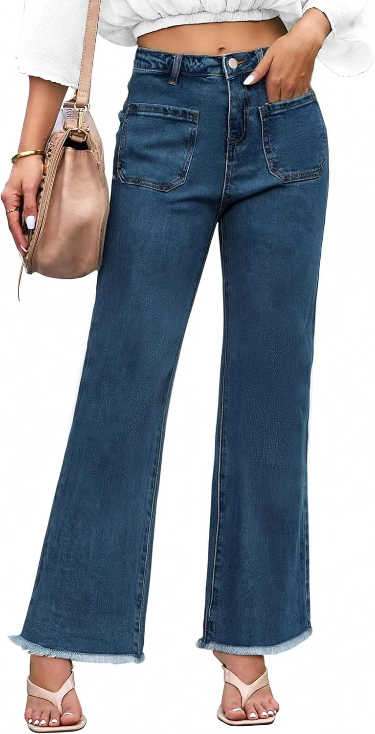 Denim Women Cropped Trousers Jeans Pants Leg Jeans High Rise Pants Stretchy with Pockets