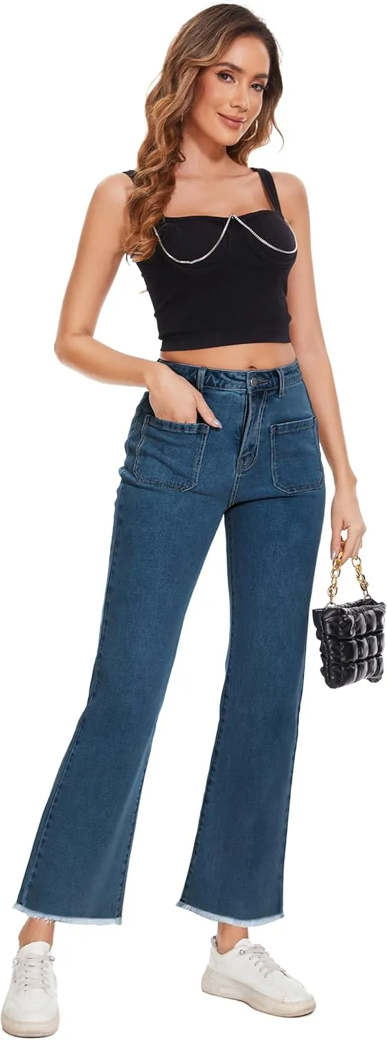 Denim Women Cropped Trousers Jeans Pants Leg Jeans High Rise Pants Stretchy with Pockets