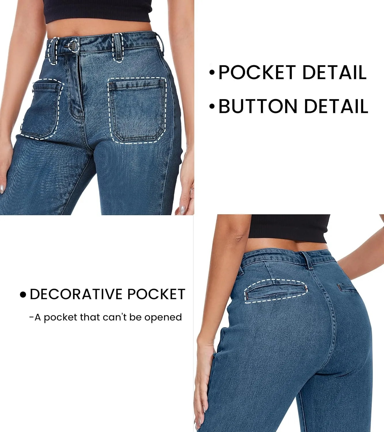 Denim Women Cropped Trousers Jeans Pants Leg Jeans High Rise Pants Stretchy with Pockets