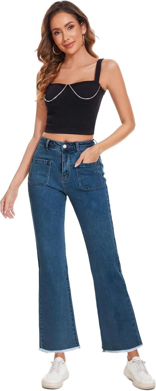 Denim Women Cropped Trousers Jeans Pants Leg Jeans High Rise Pants Stretchy with Pockets