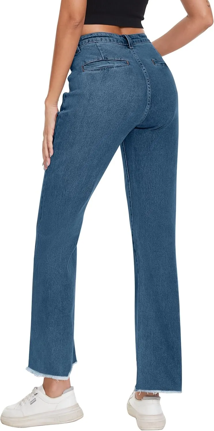 Denim Women Cropped Trousers Jeans Pants Leg Jeans High Rise Pants Stretchy with Pockets