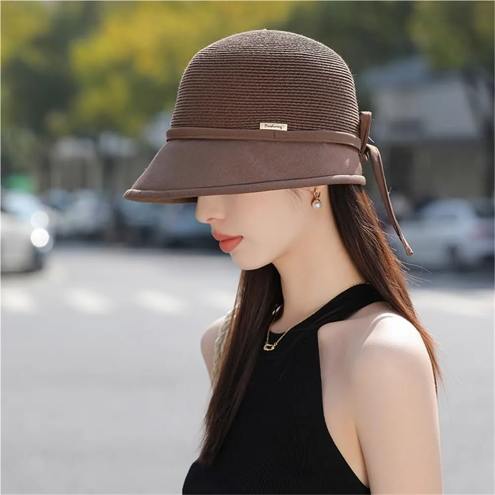 Elegant Bowknot Bucket Hat for Women Casual Straw Sun Hat Summer Wide Brim Fisherman Caps Travel Vacation Beach Hat