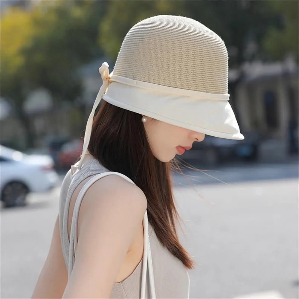 Elegant Bowknot Bucket Hat for Women Casual Straw Sun Hat Summer Wide Brim Fisherman Caps Travel Vacation Beach Hat