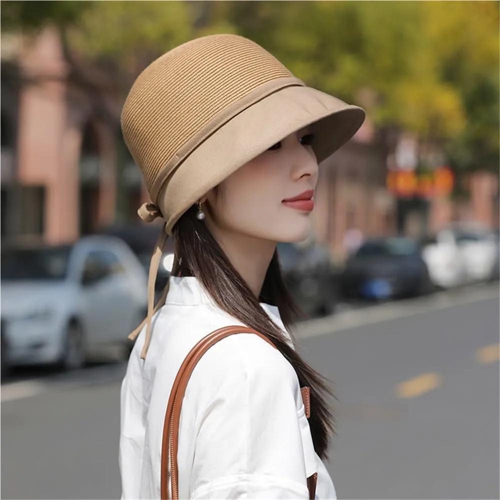 Elegant Bowknot Bucket Hat for Women Casual Straw Sun Hat Summer Wide Brim Fisherman Caps Travel Vacation Beach Hat