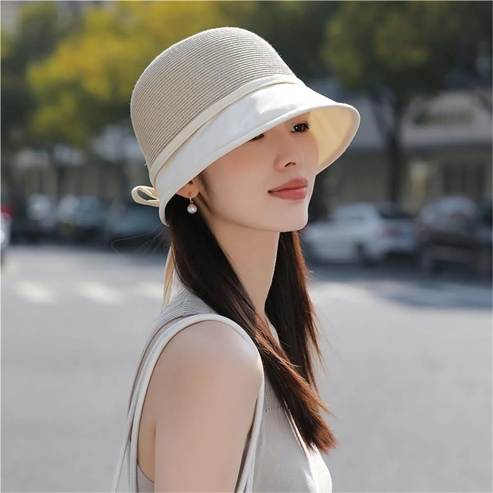 Elegant Bowknot Bucket Hat for Women Casual Straw Sun Hat Summer Wide Brim Fisherman Caps Travel Vacation Beach Hat