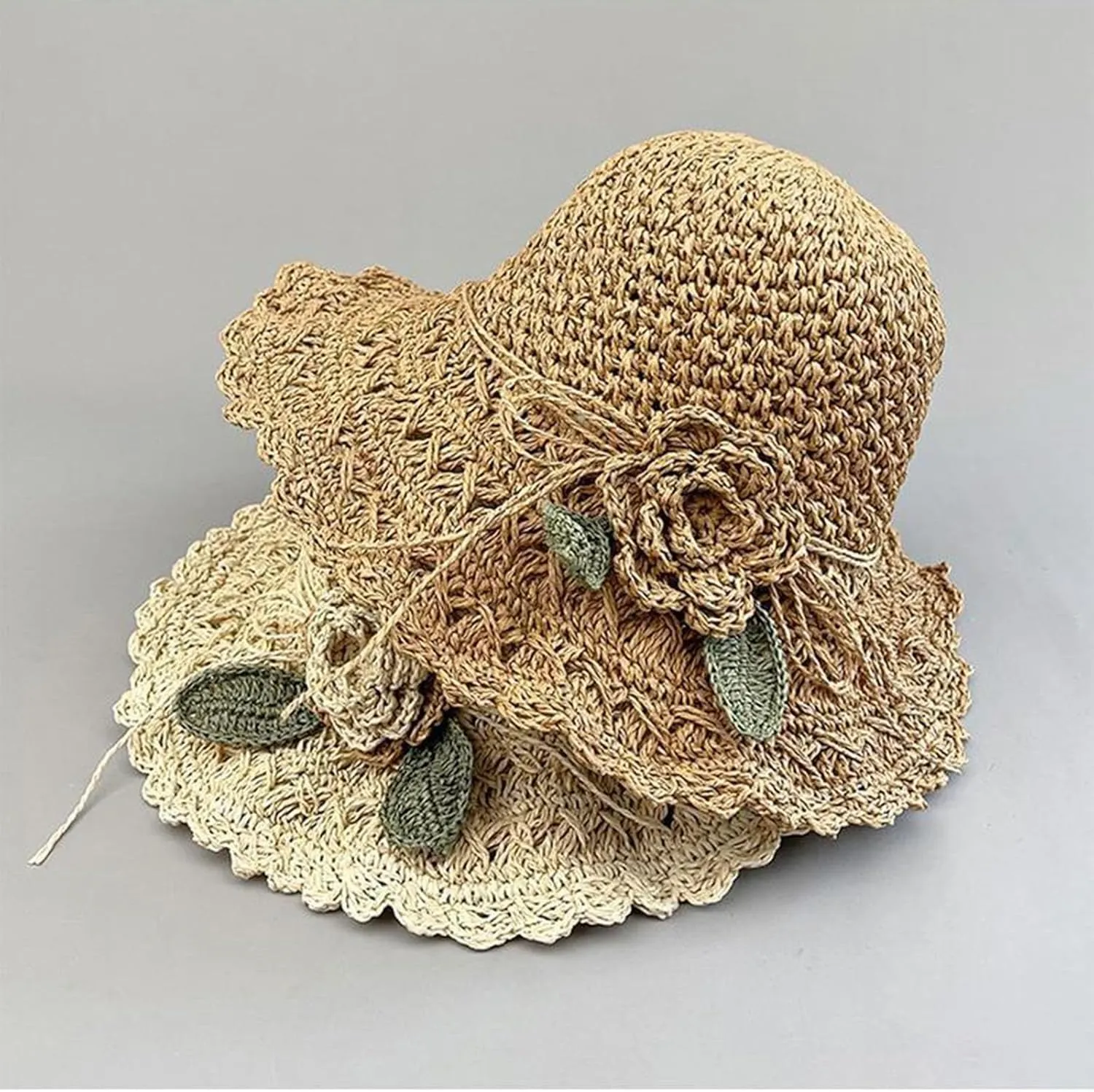 Elegant Crochet Straw Hat with Ruffle Detail, Crochet Ruffle Hats for Women, UV Protection Wide Brim Sun Hat
