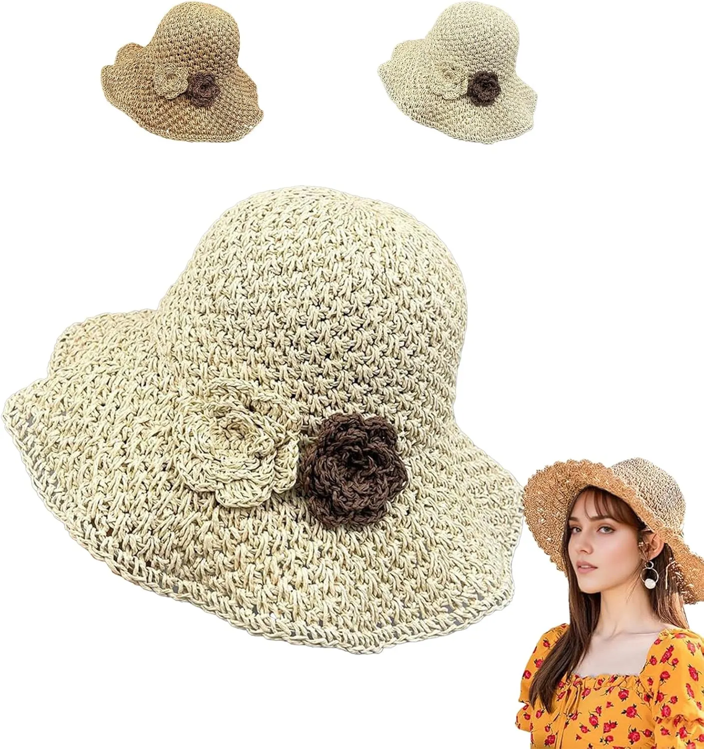 Elegant Crochet Straw Hat with Ruffle Detail, Crochet Ruffle Hats for Women, UV Protection Wide Brim Sun Hat