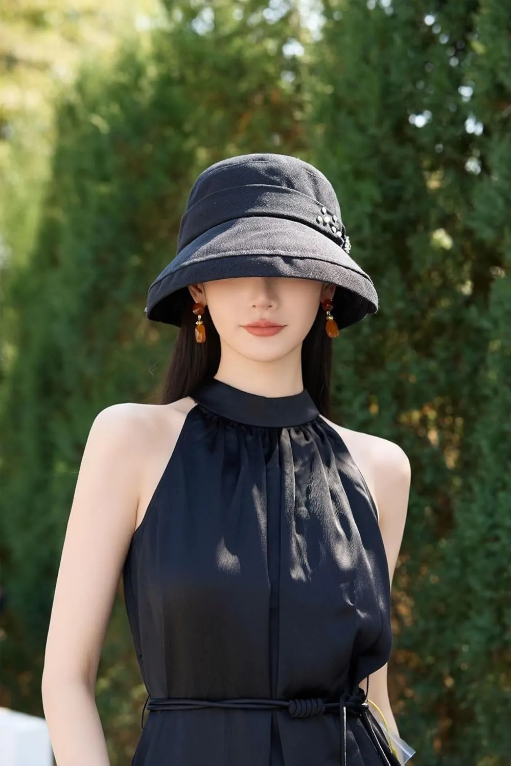 Elegant Rolled Brim Bucket Hat Women Casual Wide Brim Fisherman Caps Work Dating Sun Hat with Pearls and Rhinestones