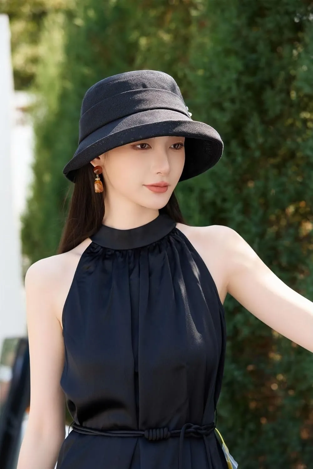 Elegant Rolled Brim Bucket Hat Women Casual Wide Brim Fisherman Caps Work Dating Sun Hat with Pearls and Rhinestones