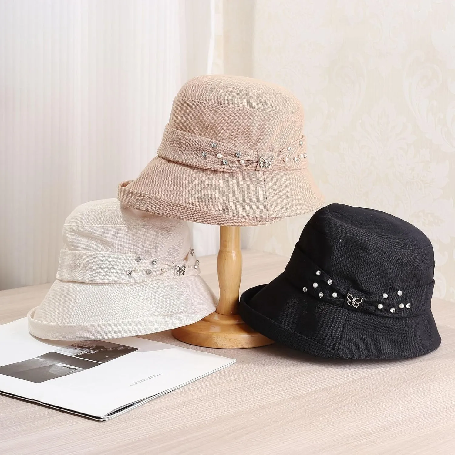 Elegant Rolled Brim Bucket Hat Women Casual Wide Brim Fisherman Caps Work Dating Sun Hat with Pearls and Rhinestones