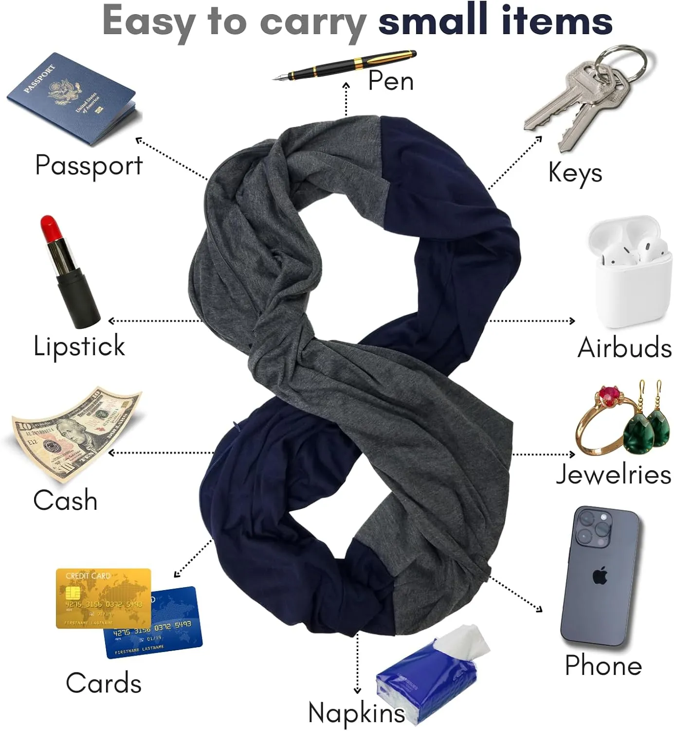 elzama Travel Scarf 2 Hidden Zipper Pocket for Women, Infinity Loop Scarf with Double Zip Pockets, Neck Wrap, Dual Color