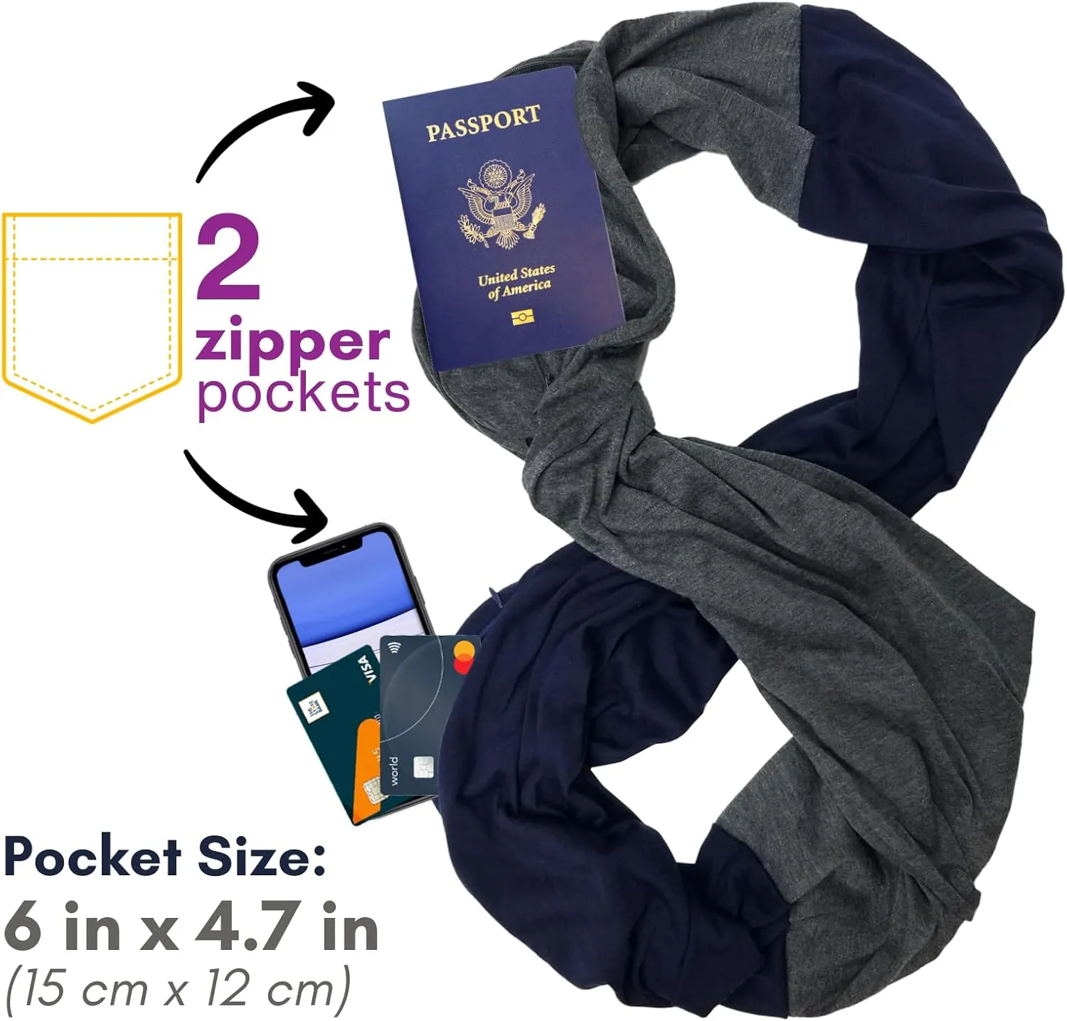 elzama Travel Scarf 2 Hidden Zipper Pocket for Women, Infinity Loop Scarf with Double Zip Pockets, Neck Wrap, Dual Color