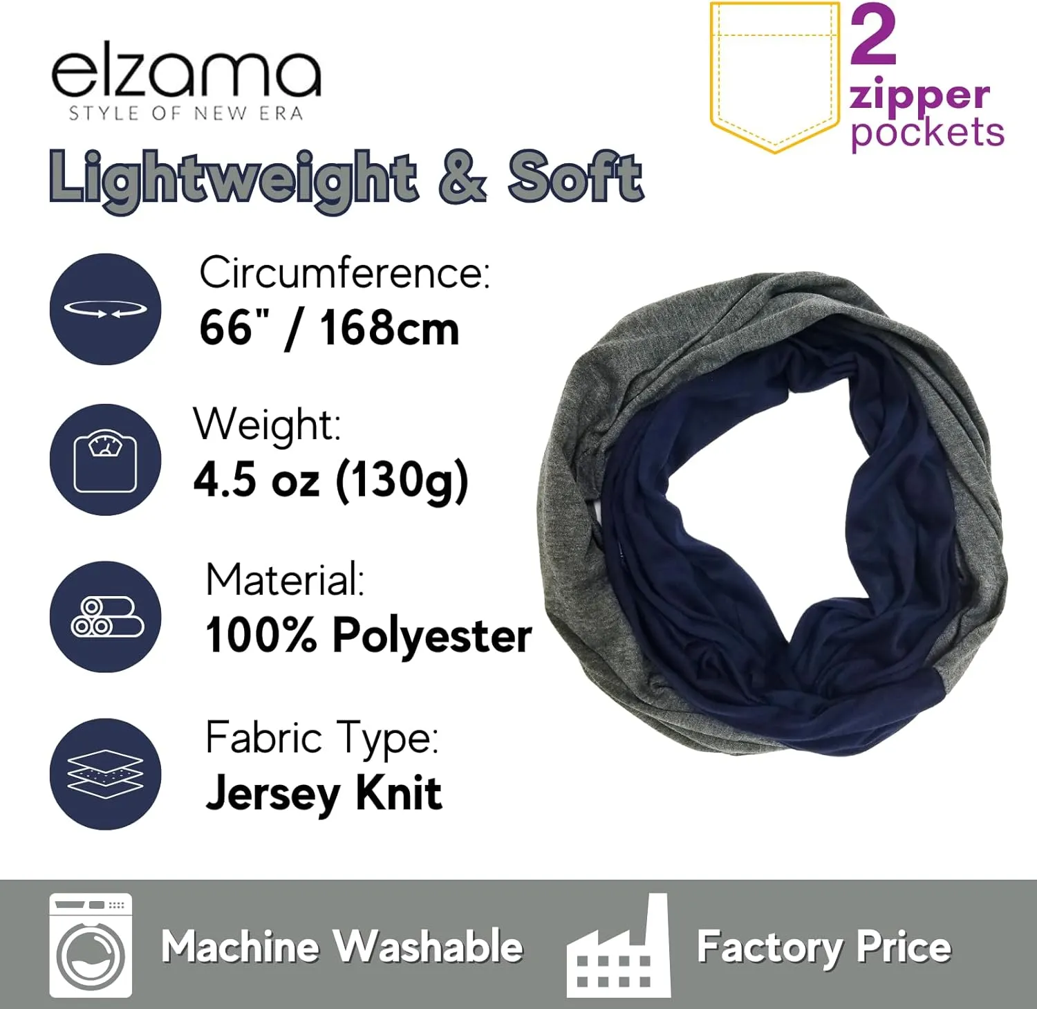 elzama Travel Scarf 2 Hidden Zipper Pocket for Women, Infinity Loop Scarf with Double Zip Pockets, Neck Wrap, Dual Color
