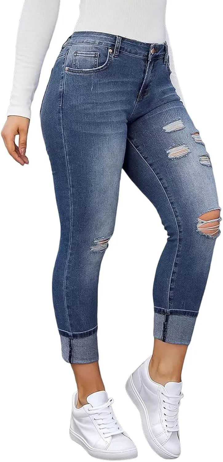 Flamingals Women's Curvy Capri Jeans Skinny Stretchy Butt Lifting Jeans Ripped Denim Jeans
