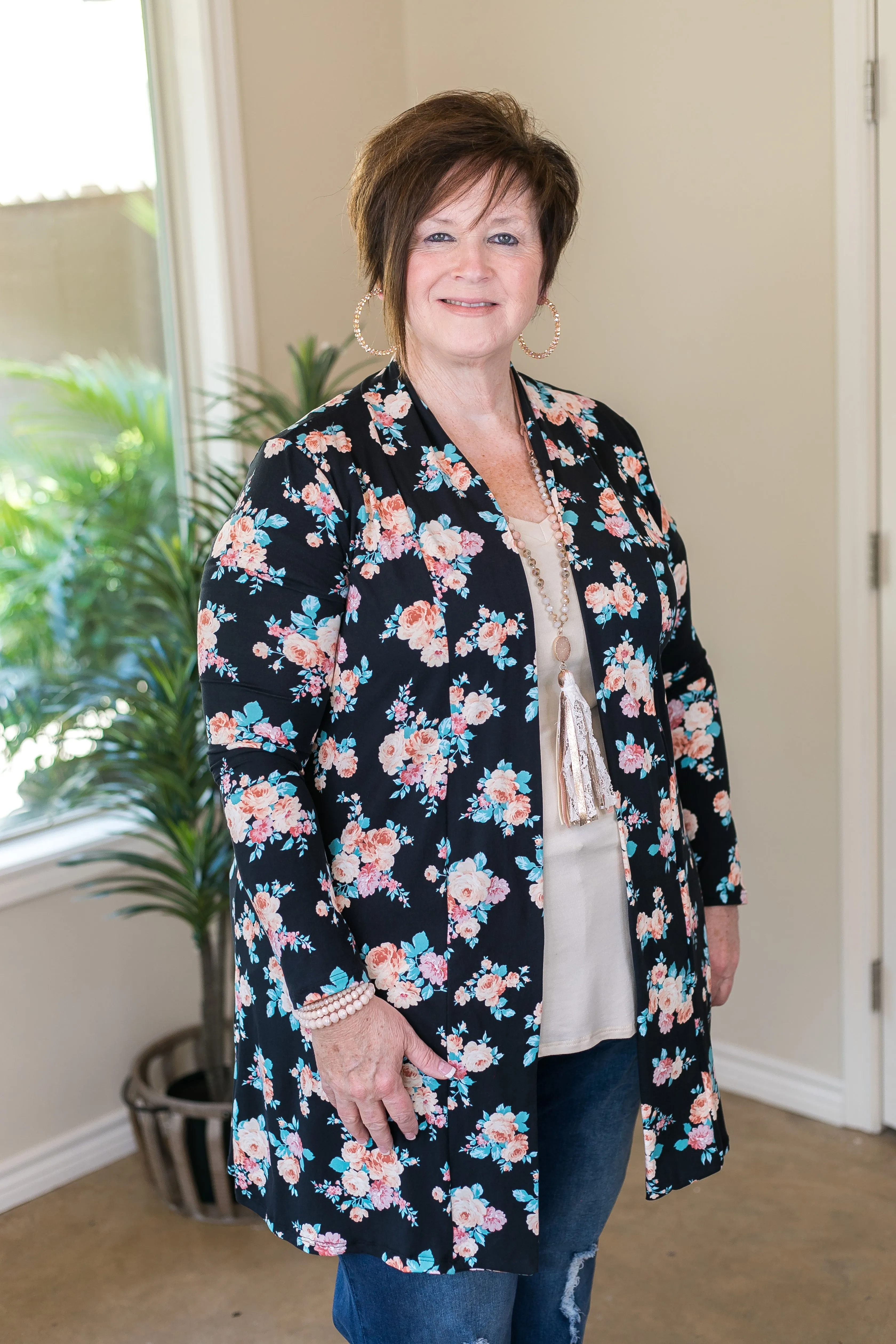 Garden Party Floral Print Super Soft Cardigan in Black