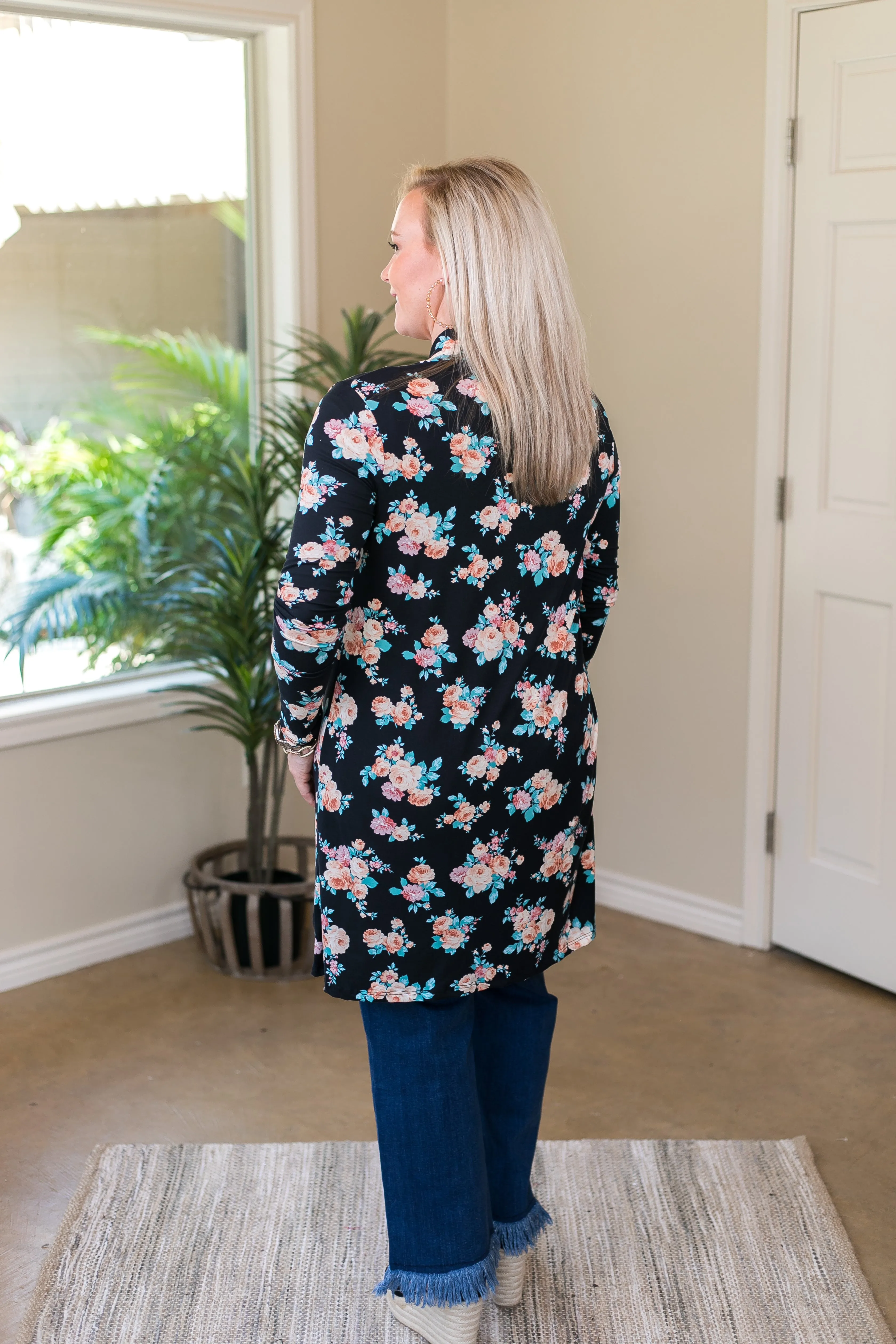 Garden Party Floral Print Super Soft Cardigan in Black