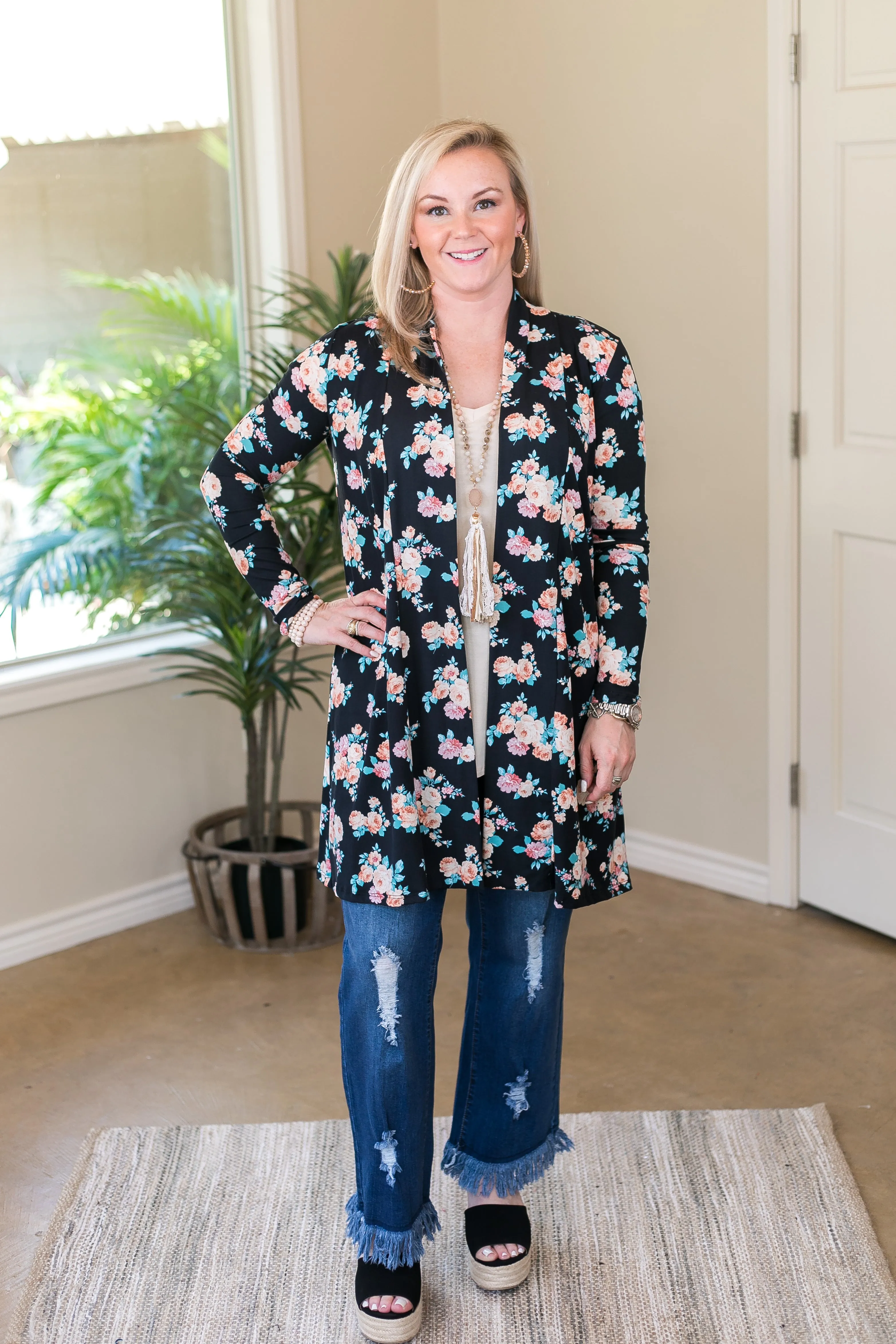 Garden Party Floral Print Super Soft Cardigan in Black
