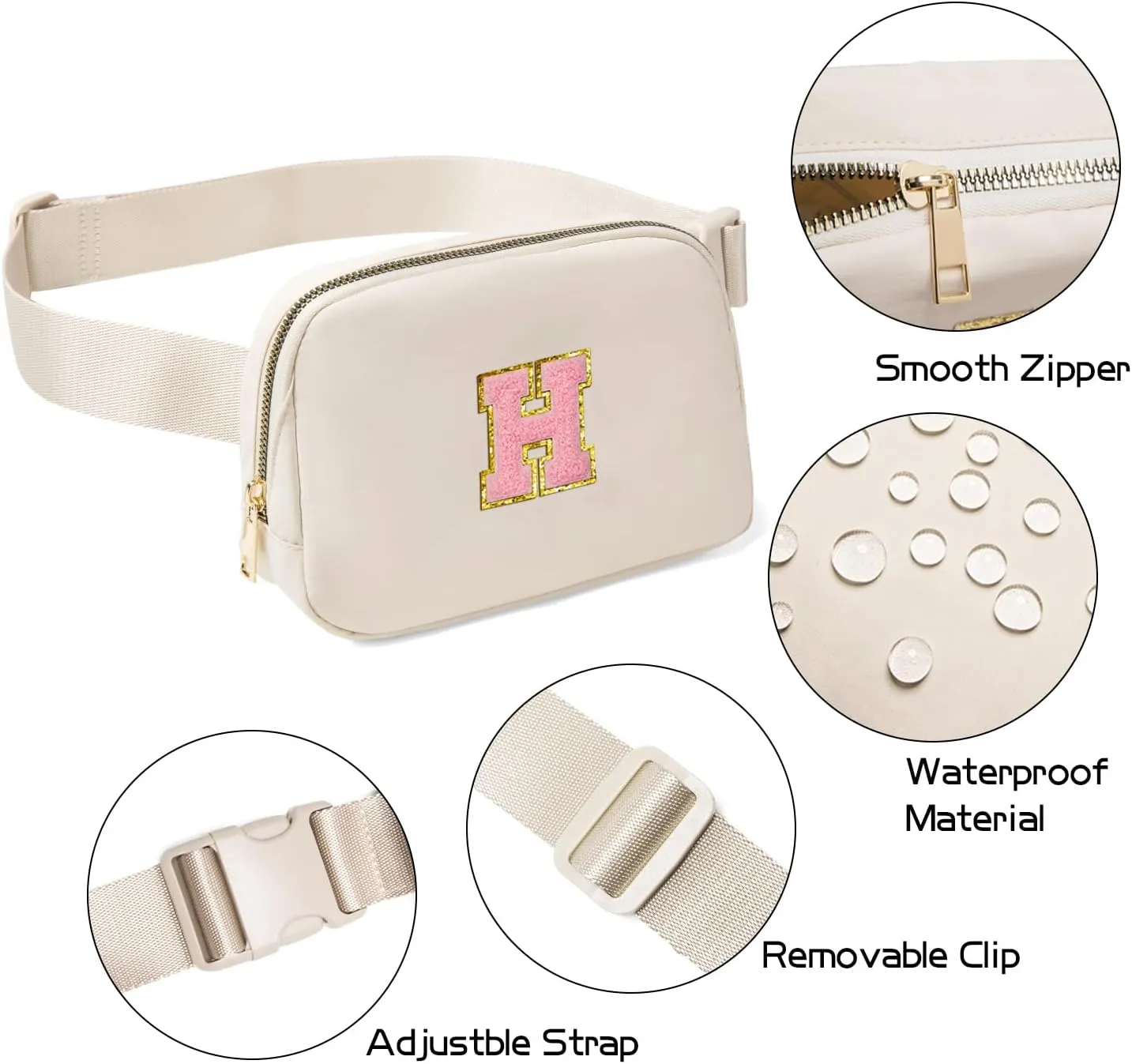 Gitus Belt Bag Fanny Pack Crossbody Bags with Initial Letter Patch Cute Stuff Birthday Gifts for Teenager Girls Trendy Preppy Stuff for Teen Girls Cool Stuff for Teens (Beige-H)