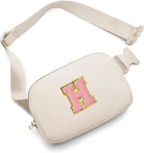 Gitus Belt Bag Fanny Pack Crossbody Bags with Initial Letter Patch Cute Stuff Birthday Gifts for Teenager Girls Trendy Preppy Stuff for Teen Girls Cool Stuff for Teens (Beige-H)
