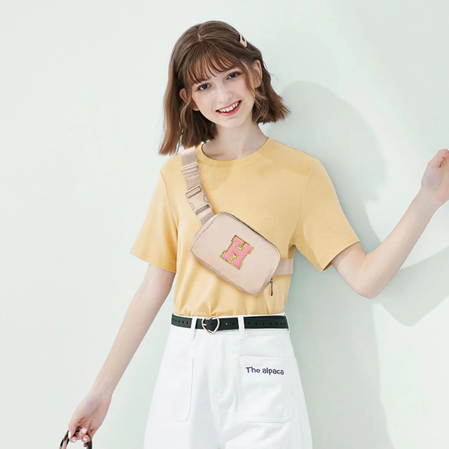 Gitus Belt Bag Fanny Pack Crossbody Bags with Initial Letter Patch Cute Stuff Birthday Gifts for Teenager Girls Trendy Preppy Stuff for Teen Girls Cool Stuff for Teens (Beige-H)