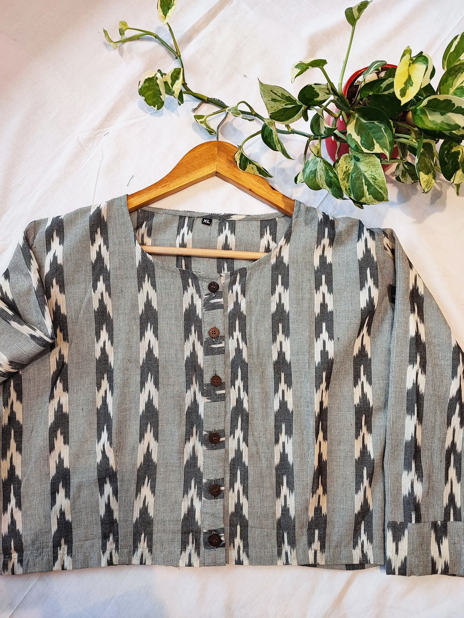 Gray & Black Ikkat Pattern Cotton Contemporary Blouse/Crop Top