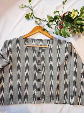 Gray & Black Ikkat Pattern Cotton Contemporary Blouse/Crop Top